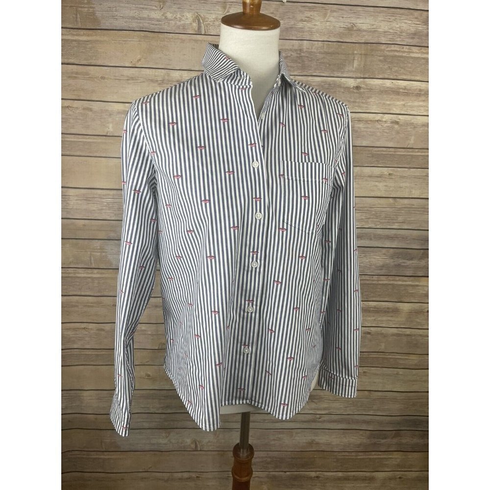 Banana Republic Small Quinn Boy Fit Button Up Striped Lip Print Blouse Blue Pink